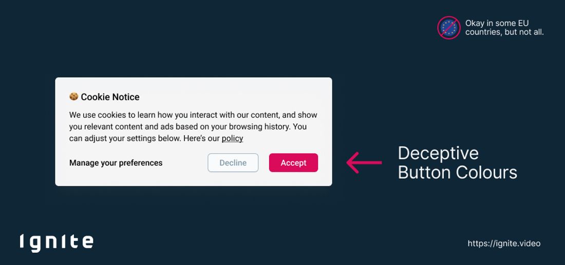 Cookie Banner Dark Pattern - use a different design for the agree and decline button