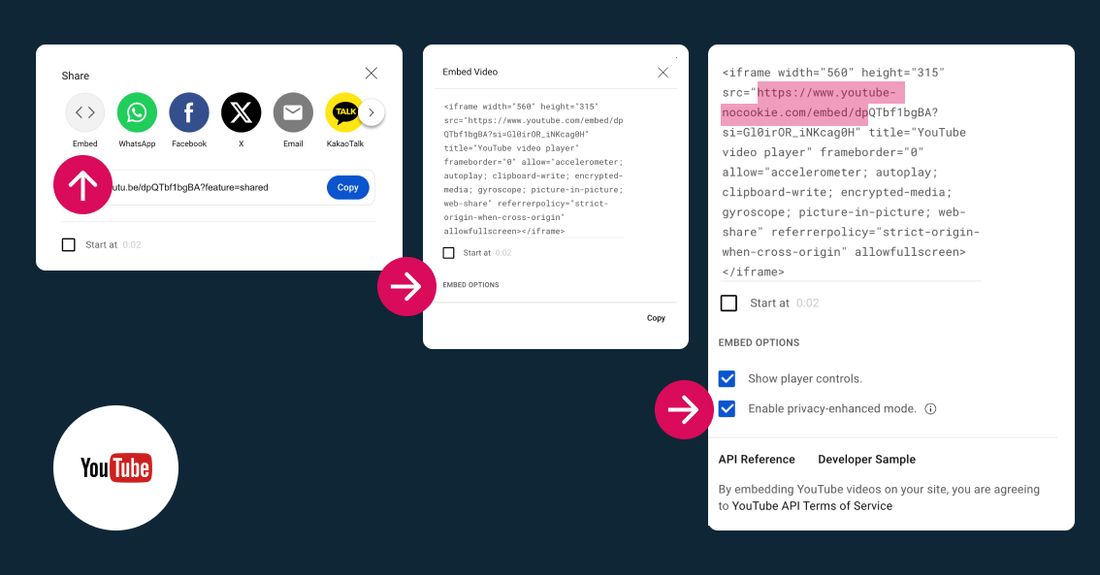 Image shows how to embed a youtube video more gdpr compliant in the no-cookie-version